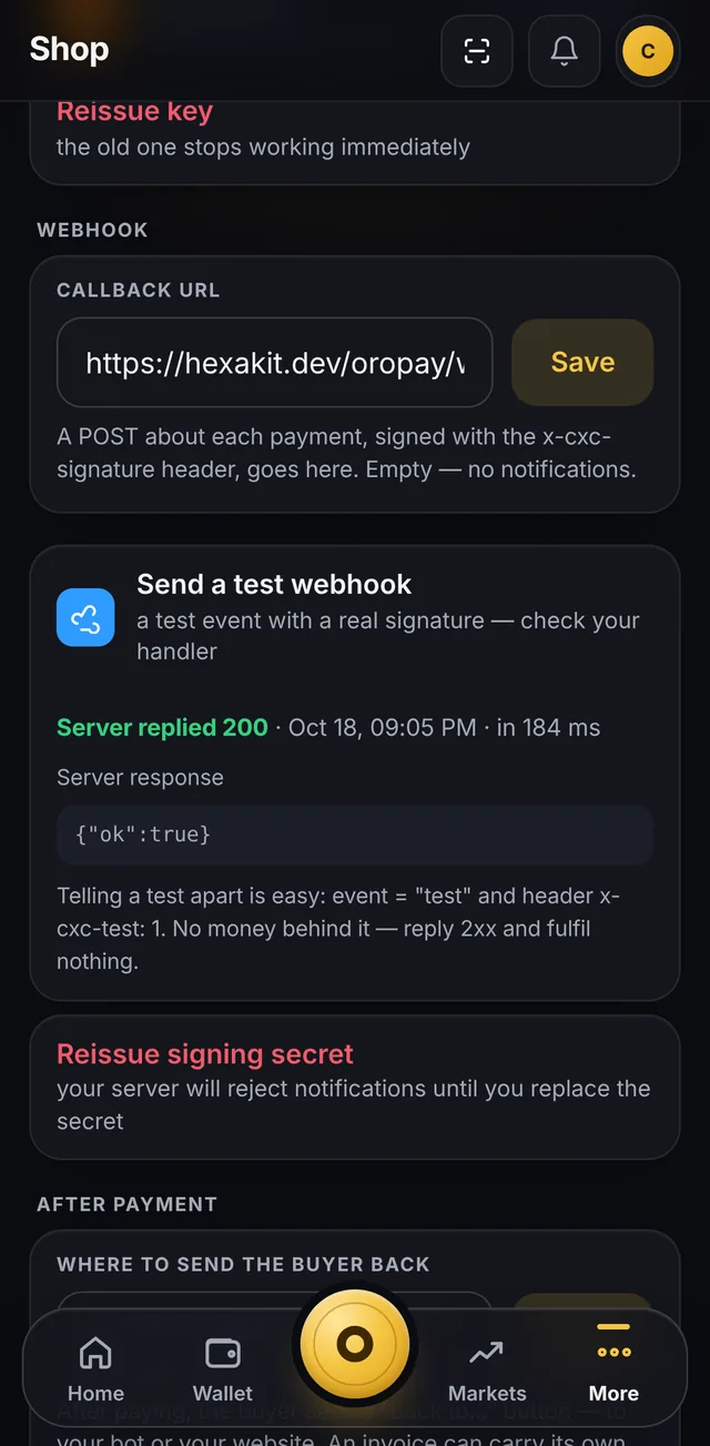 The Keys tab of the shop dashboard: callback URL and the “Send a test webhook” button, server replied 200