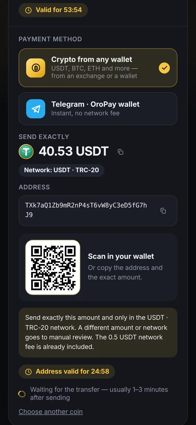 Payment page with “Crypto from any wallet” selected: amount to send in USDT TRC-20, address and QR code
