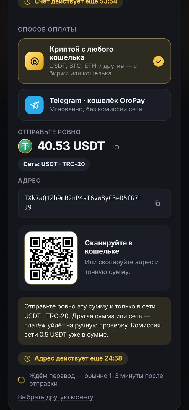 Страница оплаты: выбран способ «Криптой с любого кошелька», сумма к отправке в USDT TRC-20, адрес и QR-код
