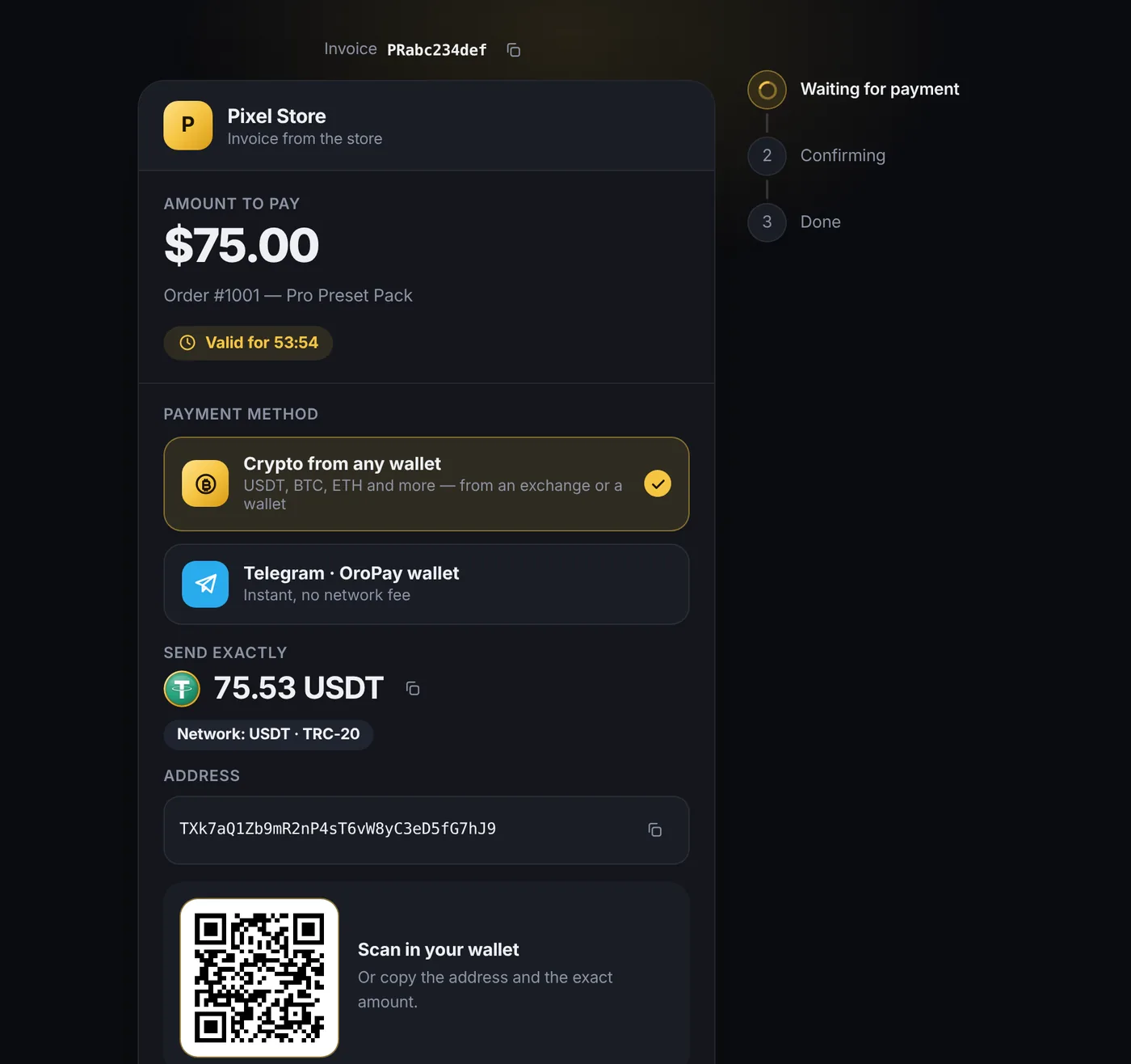 OroPay payment page on a desktop: a $75 invoice from Pixel Store, payment methods, 75.53 USDT to send, address and QR code