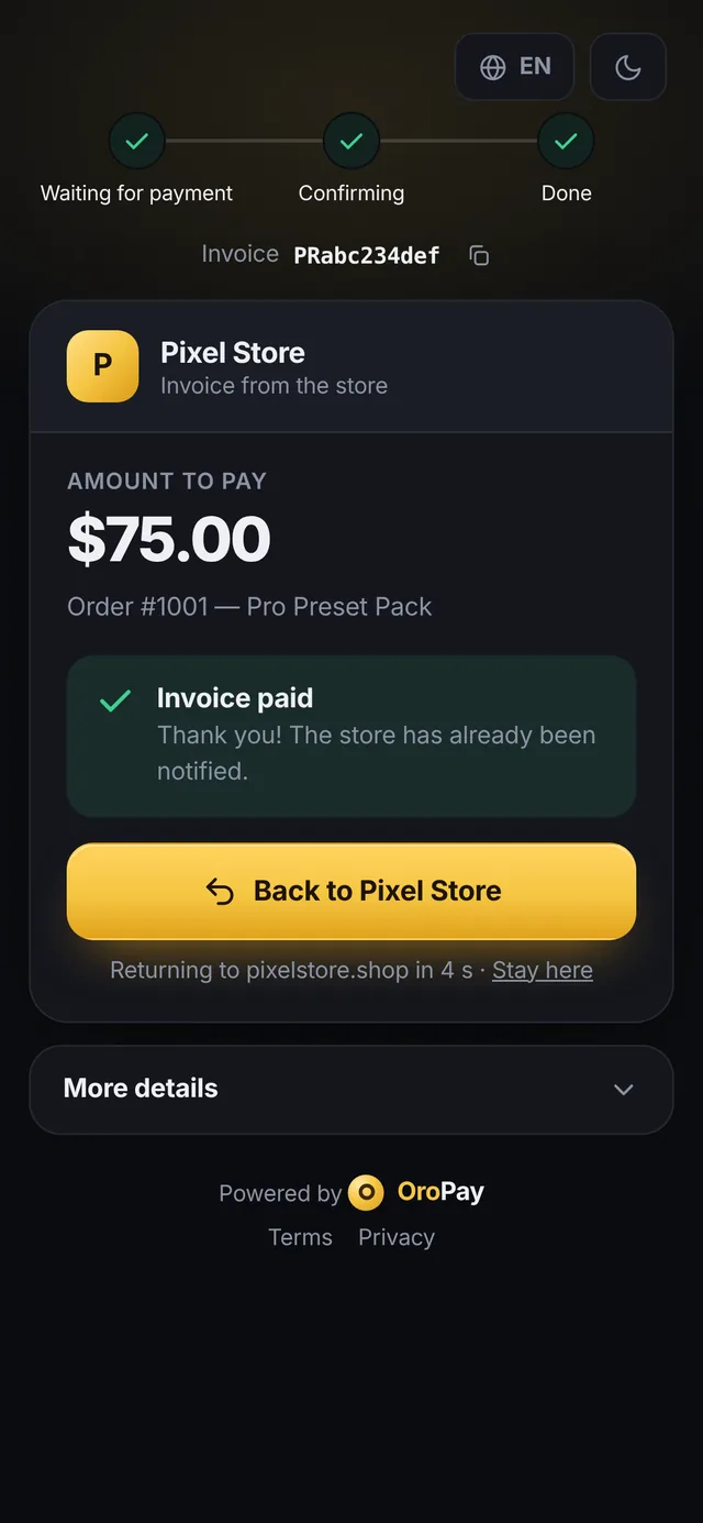Payment page after payment: “Invoice paid. Thank you! The store has already been notified” and a “Return to Pixel Store” button